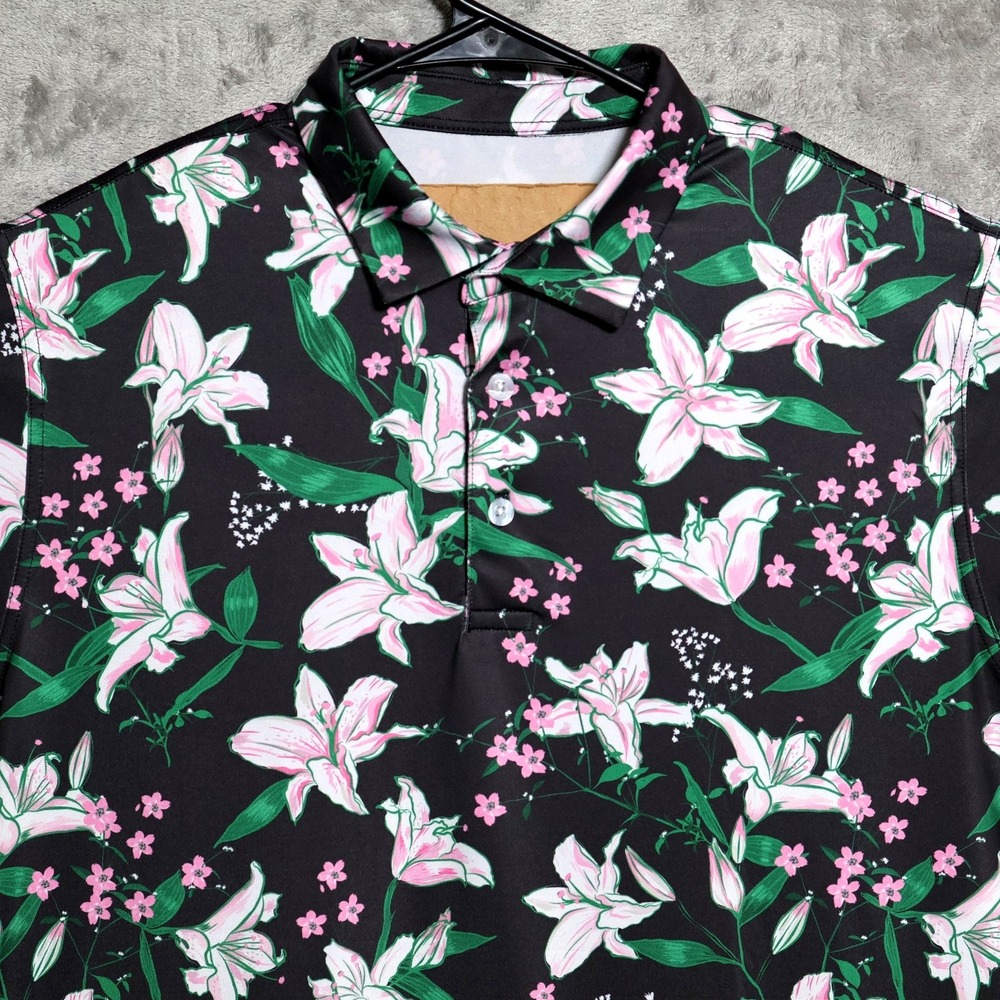 Waggle Polo Shirt Mens Large Black Pink Floral Golf Performance Stretch Jersey